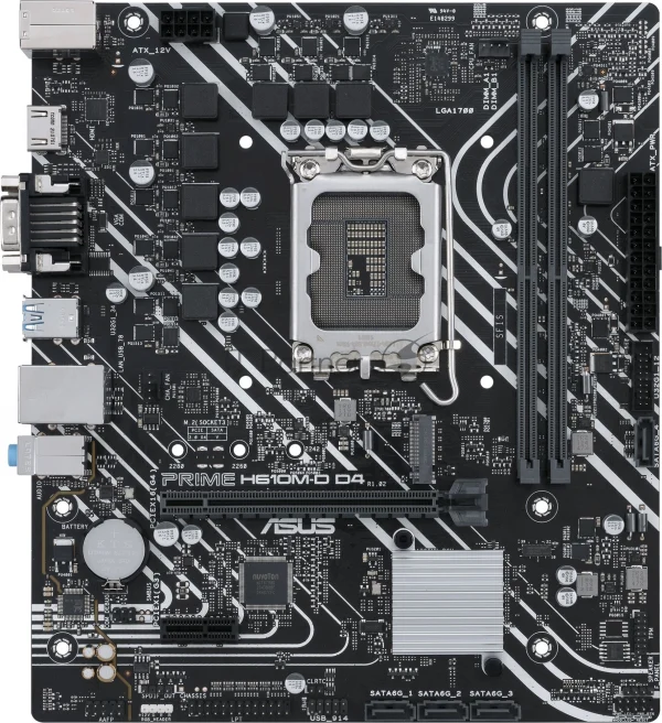 Материнская плата ASUS PRIME H610M-D D4, LGA 1700, Intel H610, 2xDDR4, 4xSATA, 1xM.2, 1xPCIe 4.0 x16, 1xPCI, 1xHDMI, 1xVGA, 1x 1Gb LAN, 2xUSB-A 2.0, 2xUSB-A 3.2 Gen 1, 3x3.5 мм, 7.1, mATX
