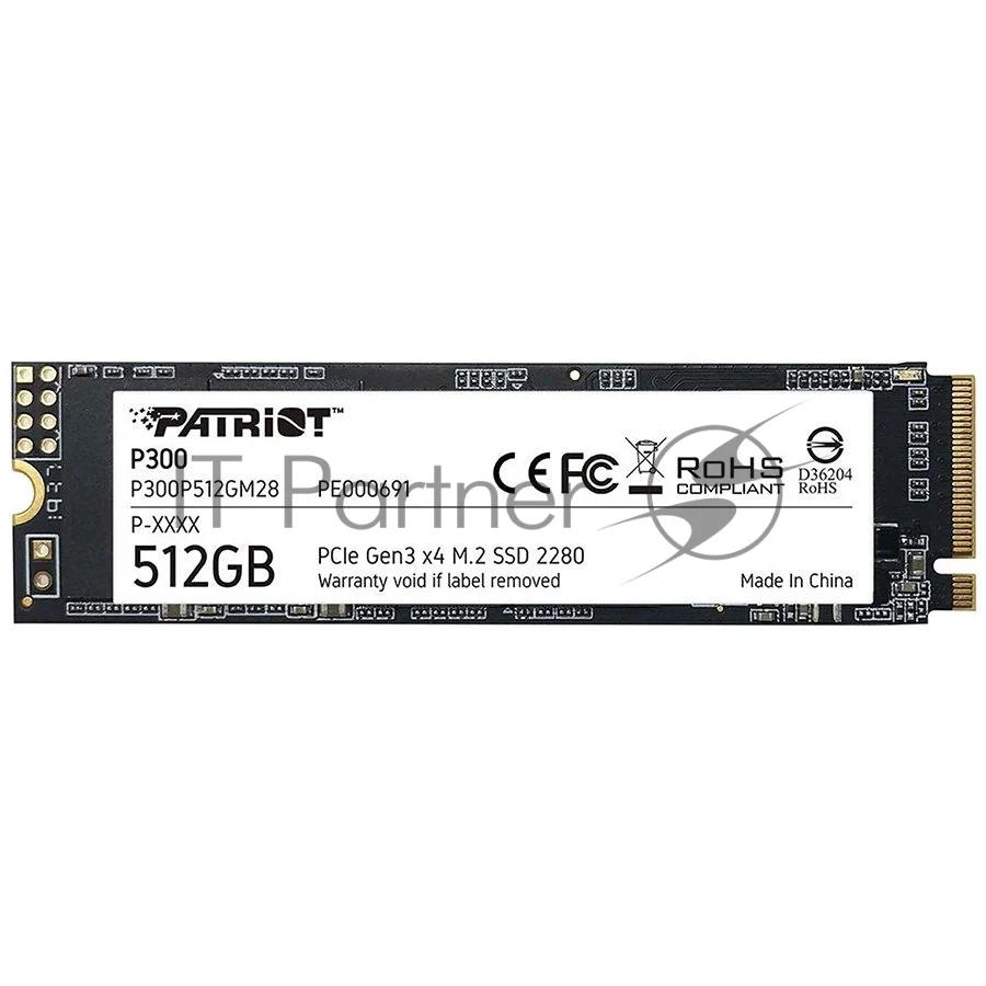 Накопитель SSD Patriot P300, 512Gb, PCIe 3.0 x4, M.2 2280, NVMe, R/W 1700/1200 1