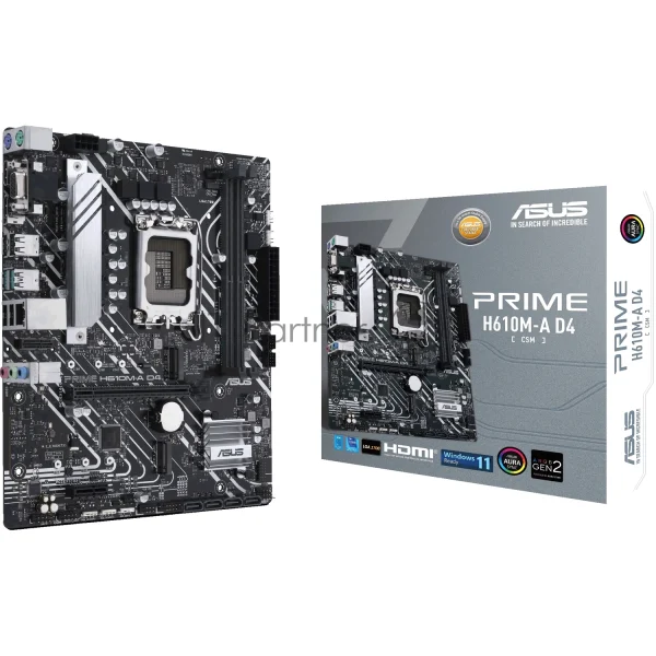 Материнская плата ASUS PRIME H610M-A D4-CSM, LGA 1700, Intel H610, 2xDDR4, 4xSATA, 2xM.2, 1xPCIe 4.0 x16, 1xPCIe x1, 1xDP, 1xD-Sub, 1xHDMI, 1x 1Gb LAN, 4xUSB-A 2.0, 2xUSB-A 3.2 Gen 1, 7.1, mATX 1