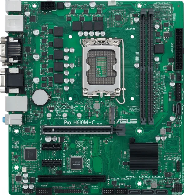 Материнская плата ASUS Pro H610M-C-CSM, LGA 1700, Intel H610, 2xDDR5, 4xSATA, 1xM.2, 1xPCIe 5.0 x16, 2xPCIe x1, 1xPCI, 1xHDMI, 1xDP, 1xDVI-D, 1xVGA, 1x 1Gb LAN, 2xUSB-A 3.2 Gen 2, 2xUSB-A 2.0, 3x3.5 мм, 7.1, mATX 1