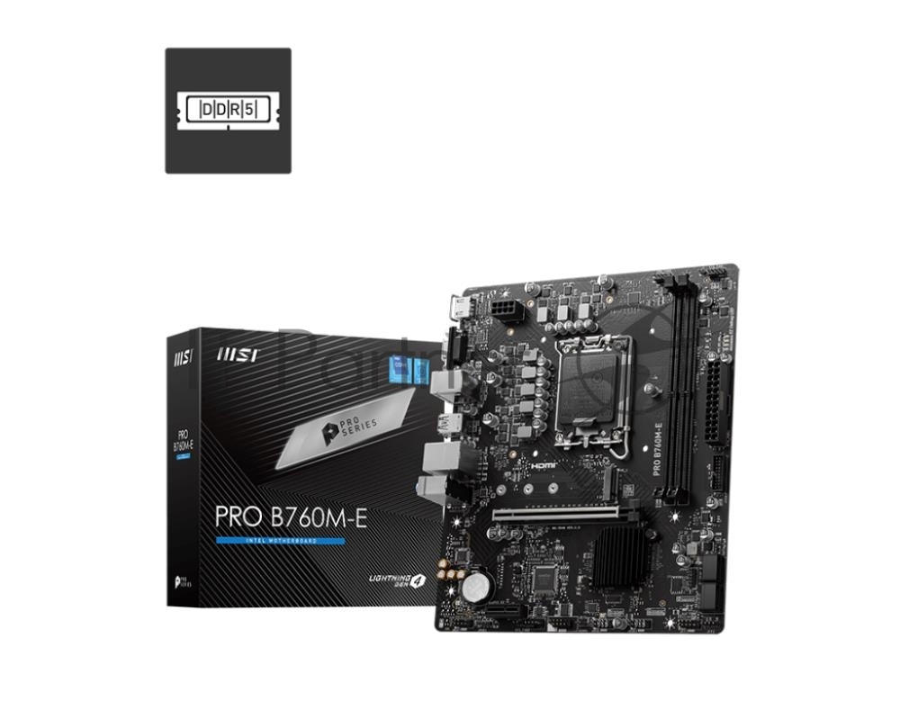 Материнская плата MSI PRO B760M-E, LGA 1700, Intel B760, 2xDDR5, 4xSATA, 1xM.2, 1xPCIe 4.0 x16, 1xPCIe 4.0 x1, 1xHDMI, 1xVGA, 1x1Gb LAN, 2xUSB-A 3.2 Gen 1, 4xUSB-A 2.0, 3x3.5 мм, 7.1, mATX 1