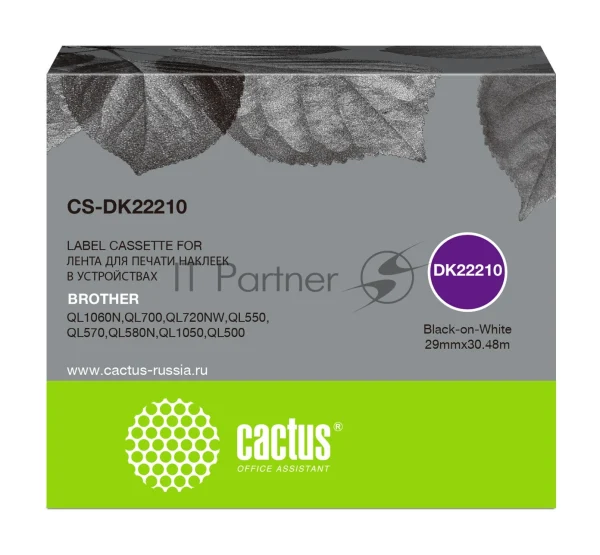 Картридж ленточный Cactus CS-DK22210 черный для Brother P-touch QL-500, QL-550, QL-700, QL-800