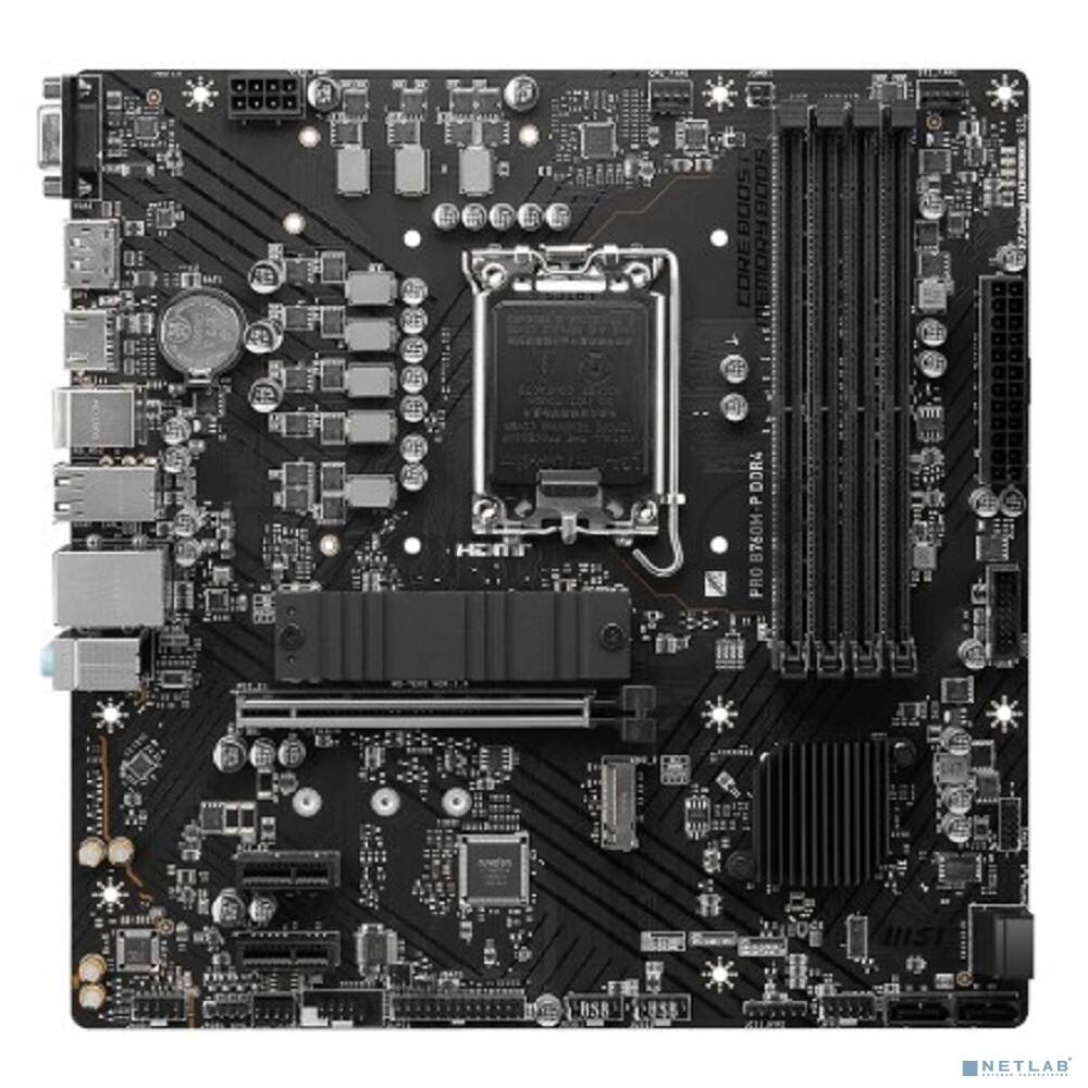 Материнская плата MSI PRO B760M-P DDR4, LGA 1700, Intel B760, 4xDDR4, 4xSATA, 2xM.2, 1xPCIe 4.0 x16, 2xPCIe 3.0 x1, 1xHDMI, 1xDP, 1xVGA, 1x1Gb LAN, 4xUSB-A 2.0, 1xUSB-A 3.2 Gen 1, 1xUSB-C 3.2 Gen 2, 3x3.5 мм, 7.1, mATX 1 Материнская плата MSI PRO B760M-P DDR4, LGA 1700, Intel B760, 4xDDR4, 4xSATA, 2xM.2, 1xPCIe 4.0 x16, 2xPCIe 3.0 x1, 1xHDMI, 1xDP, 1xVGA, 1x1Gb LAN, 4xUSB-A 2.0, 1xUSB-A 3.2 Gen 1, 1xUSB-C 3.2 Gen 2, 3x3.5 мм, 7.1, mATX 1