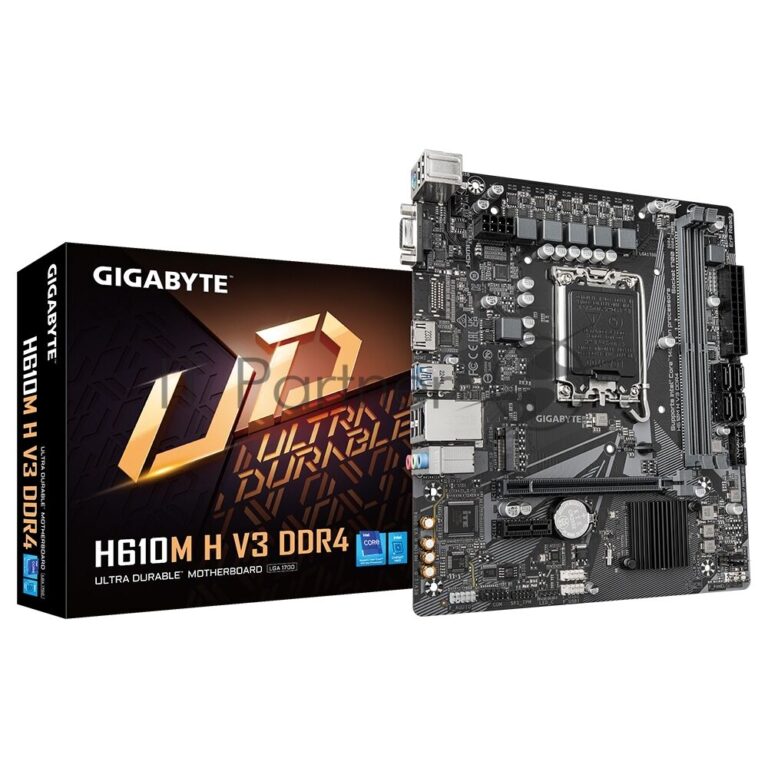 Материнская плата Gigabyte H610M H V3 DDR4, LGA 1700, Intel H610, 2xDDR4, 4xSATA, 1xM.2, 1xPCIe 4.0 x16, 1xPCIe x1, 1xHDMI, 1x 1Gb LAN, 2xUSB-A 3.2 Gen 1, 4xUSB-A 2.0, 3x 3.5 мм, 7.1, mATX 1