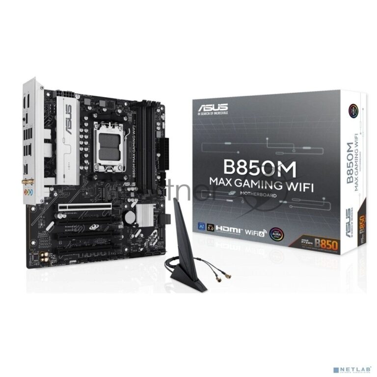 Материнская плата ASUS B850M MAX GAMING WIFI, AM5, AMD B850, 4xDDR5, 4xSATA, 3xM.2, 1xPCIe 5.0 x16, 1xPCIe 4.0 x4, 1xPCIe 3.0 x1, 1xDP, 1xHDMI, 1x1Gb LAN, Wi-Fi 6, Bluetooth 5.4, 1xUSB-C 10Gbps, 2xUSB-A 10Gbps, 2xUSB-A 5Gbps, 5xUSB-A 2.0, 3x3.5 мм, 7.1, mATX 1