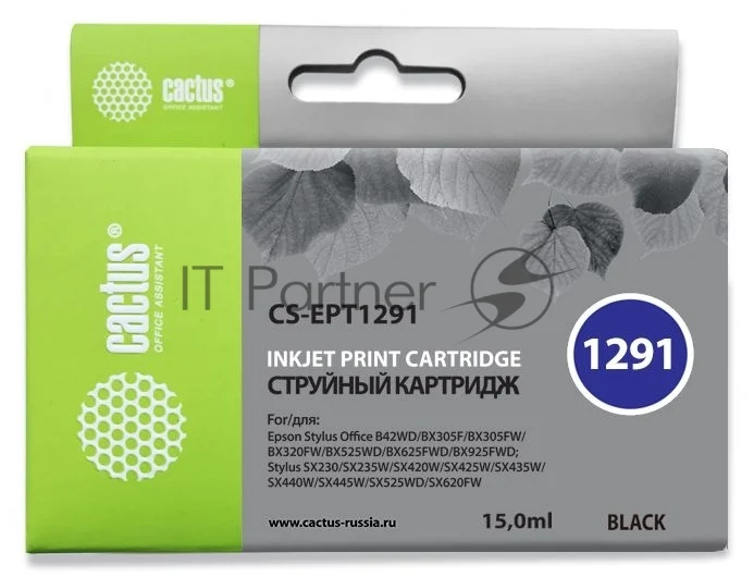 Картридж струйный Cactus CS-EPT1291 (T1291) черный (15 мл) для Epson Stylus Office B42/BX305/BX305F/BX320/BX525/BX625/SX420/SX425/SX525/SX620 1