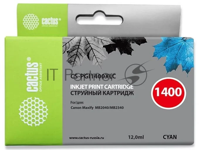 Картридж струйный Cactus CS-PGI1400XLC голубой пигментный (12 мл) для Canon MB2050/MB2350/MB2040/MB2340 1