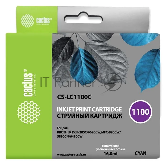 Картридж струйный Cactus CS-LC1100C голубой (16 мл) для Brother DCP-385c/6690cw/MFC-990/5890/5895/6490 1