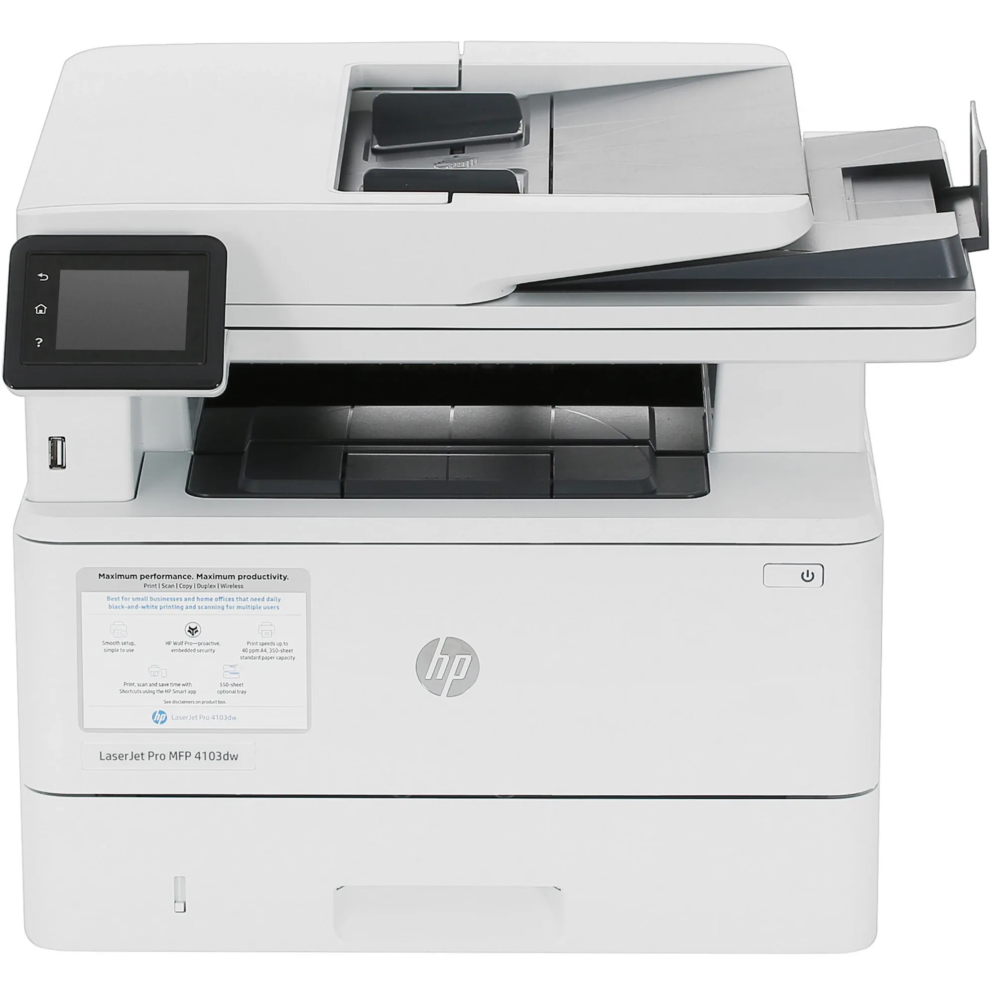 МФУ лазерное HP LaserJet Pro 4103dw (2Z627A), A4, ч/б, печ. до 40 стр/мин., скан. до 29 стр/мин. (ч/б) 20 стр/мин. (цвет), 1200 x 1200 dpi, USB, RJ-45, Wi-Fi, Air Print, Mopria 1 МФУ лазерное HP LaserJet Pro 4103dw (2Z627A), A4, ч/б, печ. до 40 стр/мин., скан. до 29 стр/мин. (ч/б) 20 стр/мин. (цвет), 1200 x 1200 dpi, USB, RJ-45, Wi-Fi, Air Print, Mopria 1