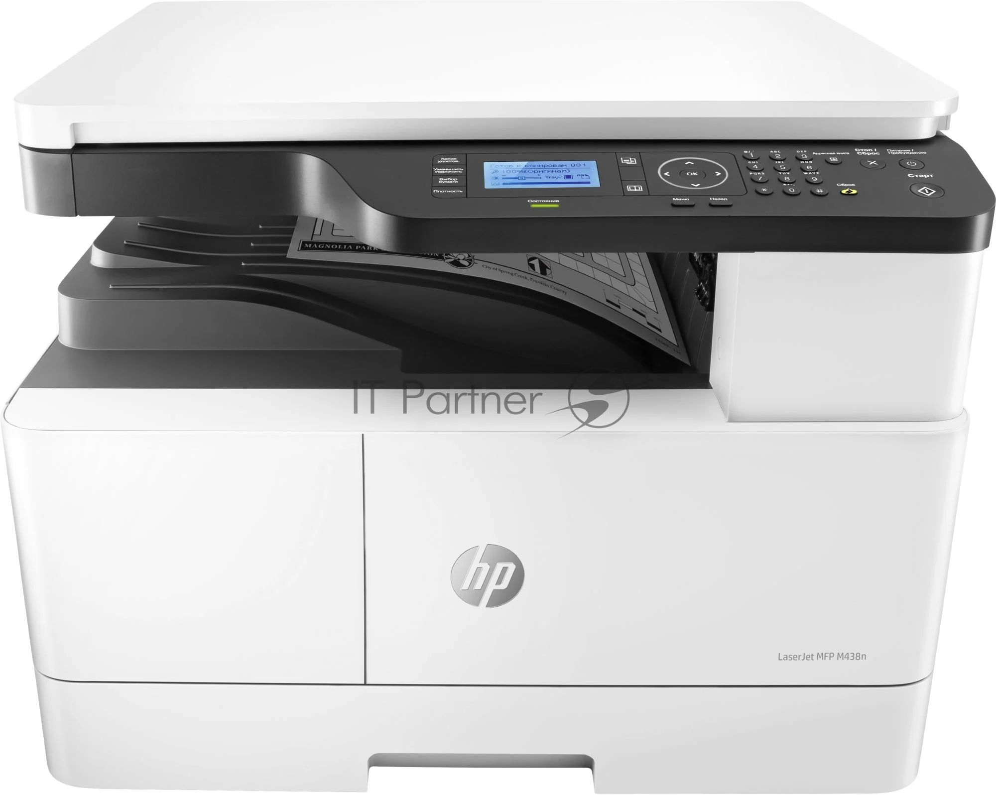 МФУ лазерное HP LaserJet MFP M438n (8AF43A), A3, ч/б, печ. до 22 стр/мин. (А4) до 12 стр/мин. (А3), 1200 x 1200 dpi (печать), 600x600dpi (скан.), USB, RJ-45 1