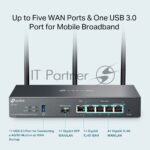 VPN-маршрутизатор TP-Link ER706W Omada с гигабитными портами и поддержкой Wi-Fi AX3000, 1 гиг. SFP WAN/LAN, 1 гиг. RJ45 WAN, 4 гиг. RJ45 WAN/LAN, USB 3.0, до 574 М/с на 2,4 ГГц + до 2402 М/с 6