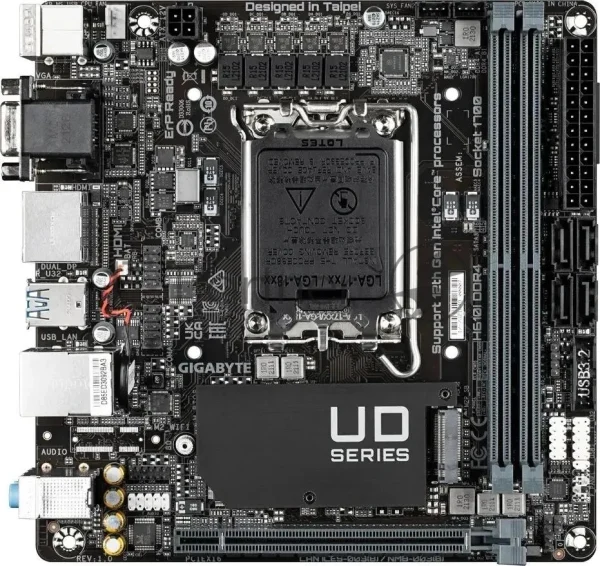 Материнская плата Gigabyte H610I DDR4, LGA 1700, Intel H610, 2xDDR4, 4xSATA, 1xM.2, 1xPCIe 4.0 x16, 1xHDMI, 1xVGA, 2xDP, 1x 1Gb LAN, 2xUSB-A 3.2 Gen 1, 4xUSB-A 2.0, 3x 3.5 мм, 7.1, Mini-ITX 1