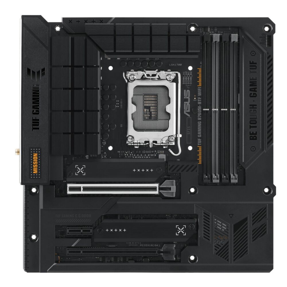 Материнская плата ASUS TUF GAMING B760M-BTF WIFI, LGA 1700, Intel B760, 4xDDR5, 4xSATA, 3xM.2, 1xPCIe 5.0 x16, 1xPCIe 4.0 x4, 1xPCIe x1, 1xDP, 1xHDMI, 1x 2.5Gb LAN, 1xUSB-A 3.2 Gen 2, 2xUSB-A 3.2 Gen 1, 4xUSB 2.0, 1xUSB-C 3.2 Gen 1, 1xUSB-C 3.2 Gen 2, 1xUSB-C 3.2 Gen 2x2, 3x3.5 мм, 7.1, mATX 1 Материнская плата ASUS TUF GAMING B760M-BTF WIFI, LGA 1700, Intel B760, 4xDDR5, 4xSATA, 3xM.2, 1xPCIe 5.0 x16, 1xPCIe 4.0 x4, 1xPCIe x1, 1xDP, 1xHDMI, 1x 2.5Gb LAN, 1xUSB-A 3.2 Gen 2, 2xUSB-A 3.2 Gen 1, 4xUSB 2.0, 1xUSB-C 3.2 Gen 1, 1xUSB-C 3.2 Gen 2, 1xUSB-C 3.2 Gen 2x2, 3x3.5 мм, 7.1, mATX 1