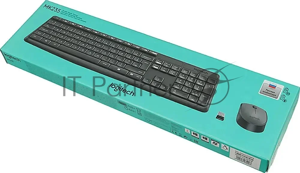 Комплект клавиатура+мышь Logitech MK235 беспроводной, USB, 1000 DPI, серый (заводская гравировка) 1