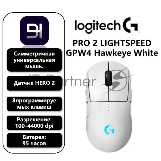 Мышь беспроводная Logitech G PRO 2 LIGHTSPEED белый, 32000 dpi, радиоканал, USB, кнопки - 8