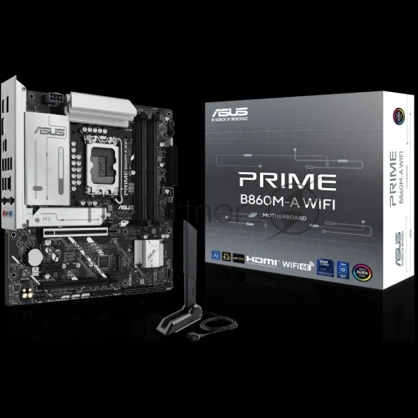 Материнская плата ASUS PRIME B860M-A WIFI, LGA 1851, Intel B860, 4xDDR5, 4xSATA, 2xM.2, 1xPCIe 5.0 x16, 1xPCIe 4.0 x16, 1xPCIe 4.0 x1, 2xDP, 1xHDMI, 1x 2.5Gb LAN, 1xUSB-C 20Gbps, 1xUSB-A 10Gbps, 2xUSB-A 5Gbps, 4xUSB-A 2.0, 3x3.5 мм, 7.1, micro-ATX.