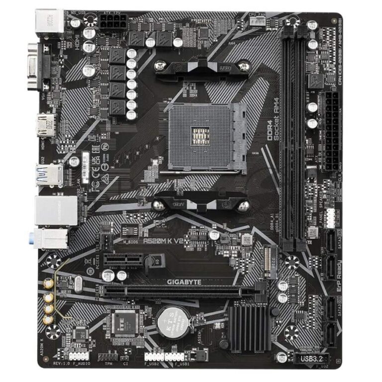 Материнская плата Gigabyte A520M K V2 (V1.1), AM4, AMD A520, 2xDDR4, 4xSATA, 1xM.2, 1xPCIe 3.0 x16, 1xHDMI, 1xVGA, 1x 1Gb LAN, 2xUSB-A 2.0, 4xUSB 3.2 Gen 1, 3x3.5 мм, 7.1, mATX 1