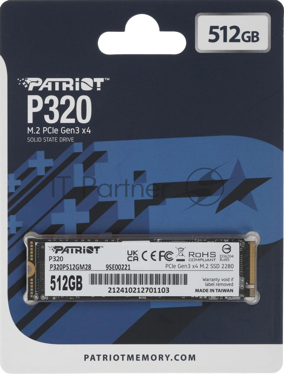 Накопитель SSD Patriot P320, 512Gb, PCIe 3.0 x4, M.2 2280, NVMe, R/W 3000/2200 1
