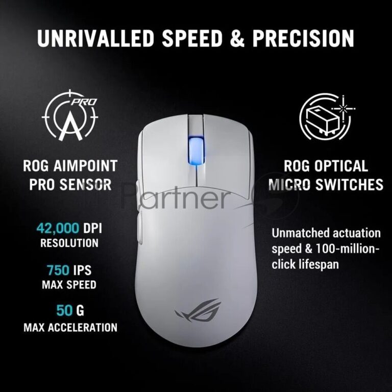 Мышь ASUS ROG ROG HARPE II ACE, 48g, Wired, 2.4GHz RF, Bluetooth 5.1, 442K DPI sensor, 5 Prograммable Buttons, White 1