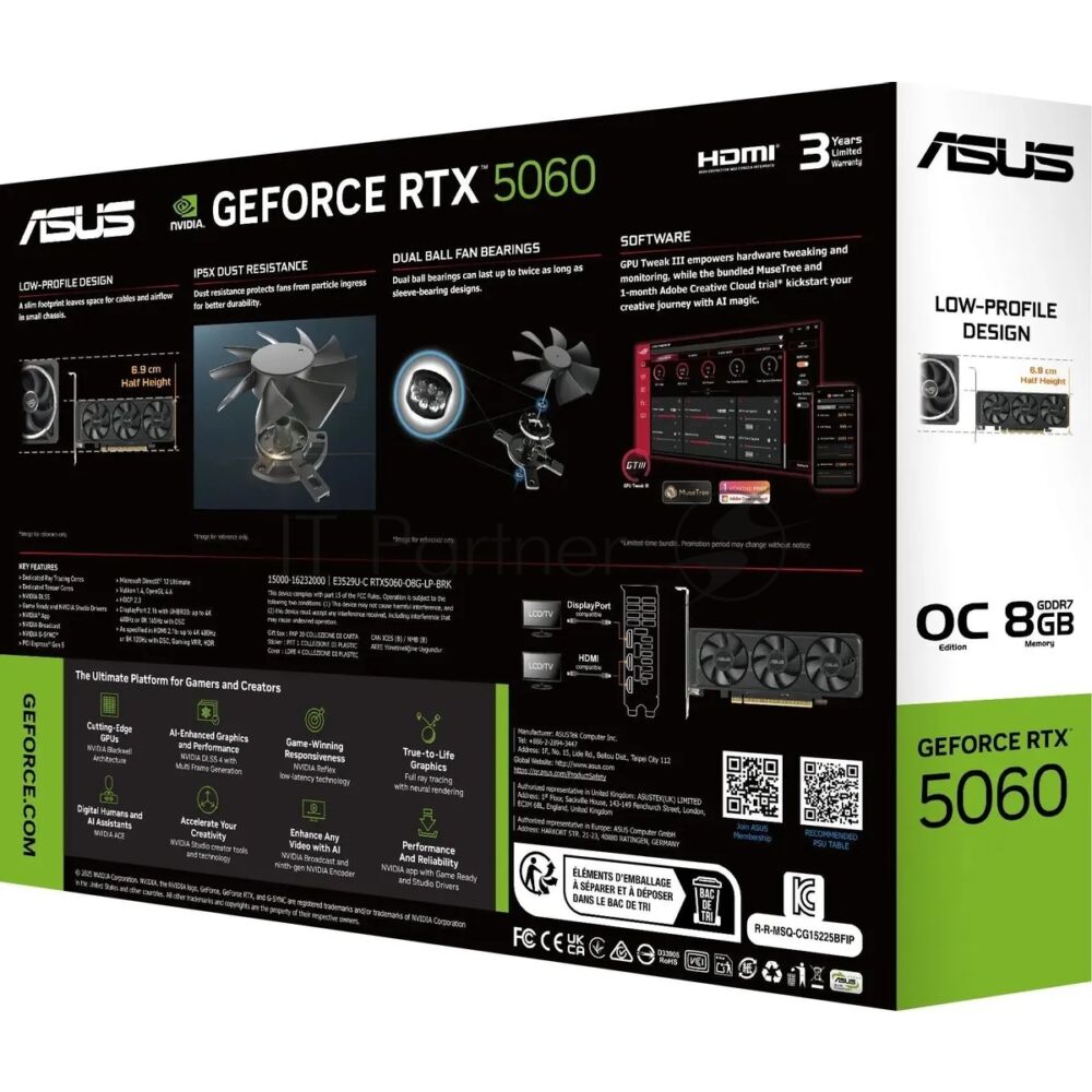 Видеокарта Asus GeForce RTX 5060 LP BRK, NVIDIA RTX 5060, 8Gb, GDDR7, 128 bit, PCI-E 5.0, HDMIx2, DPx1, HDCP, 2580 MHz 1 Видеокарта Asus GeForce RTX 5060 LP BRK, NVIDIA RTX 5060, 8Gb, GDDR7, 128 bit, PCI-E 5.0, HDMIx2, DPx1, HDCP, 2580 MHz 1