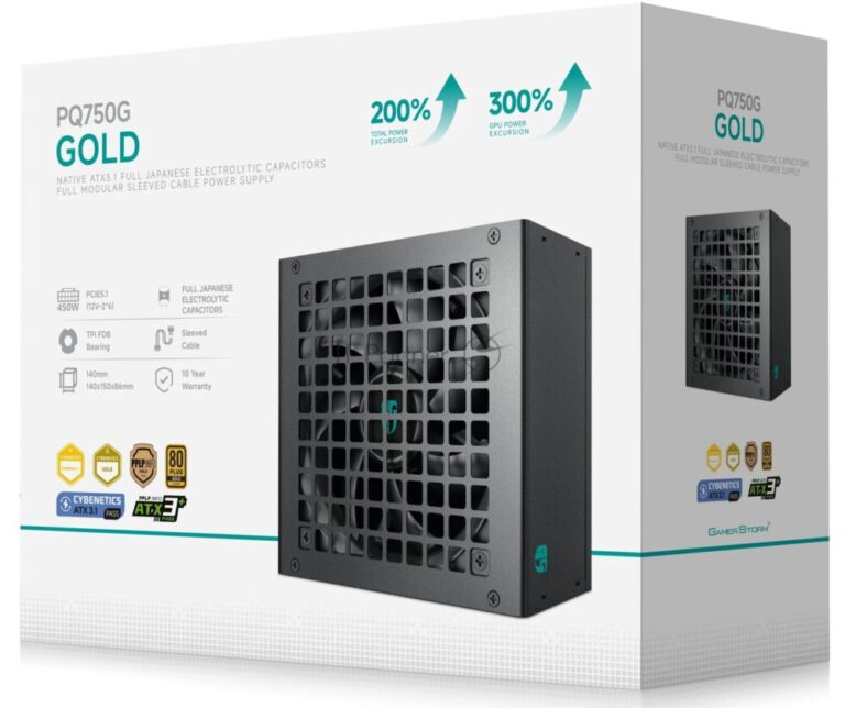 Блок питания Deepcool/GamerStorm PQ750G (ATX 3.1, 750W, Full Cable Management, PWM 120мм fan, 80 PLUS GOLD, Active PFC + Half Bridge + DC/DC, Full Japanese Capasitors, Gen5 PCIe) RET 1