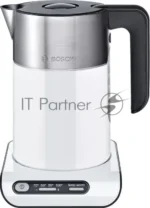 Электрочайник Bosch TWK8611P белый/серебристый, 1.5 л, 2400 Вт, скрытый нагревательный элемент, поддержание температуры 6
