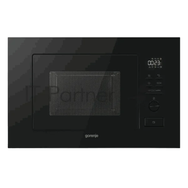 Встраиваемая микроволновая печь Gorenje, 20 л, 5 уровней мощности, 8 автопрограмм, электронное управление/утапливаемый переключатель, дисплей, гриль, поворотный стол, пошаговое приготовление, быстрый старт, черный