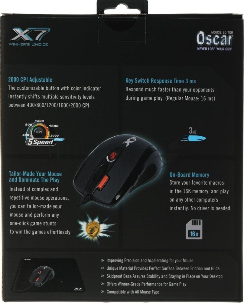 Мышь проводная + коврик A4Tech X-7120 черный, 2000 dpi, USB, кнопки - 7 1 Мышь проводная + коврик A4Tech X-7120 черный, 2000 dpi, USB, кнопки - 7 1
