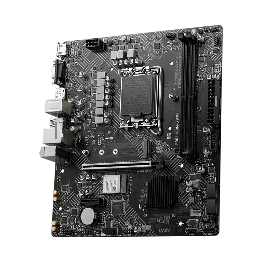 Материнская плата MSI PRO H610M-G WIFI, LGA 1700, Intel H610, 2xDDR5 (до 64 ГБ), 4xSATA, 1xM.2 (PCIe 3.0 x4), 1xPCIe 4.0 x16, 2xPCIe x1, 1xVGA, 1xHDMI, 1xDP, 1x1Gb LAN, Wi-Fi 5, Bluetooth 4.2, 4xUSB-A 5Gbps, 2xUSB-A 2.0, 1xPS/2, 3x3.5 мм, 7.1, чёрный, mATX 1 Материнская плата MSI PRO H610M-G WIFI, LGA 1700, Intel H610, 2xDDR5 (до 64 ГБ), 4xSATA, 1xM.2 (PCIe 3.0 x4), 1xPCIe 4.0 x16, 2xPCIe x1, 1xVGA, 1xHDMI, 1xDP, 1x1Gb LAN, Wi-Fi 5, Bluetooth 4.2, 4xUSB-A 5Gbps, 2xUSB-A 2.0, 1xPS/2, 3x3.5 мм, 7.1, чёрный, mATX 1