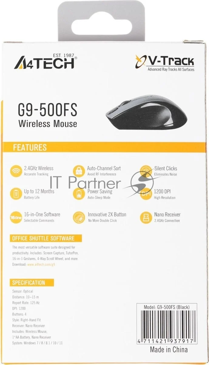 Мышь беспроводная A4Tech G9-500FS черный, 1200 dpi, радиоканал, USB, кнопки - 4