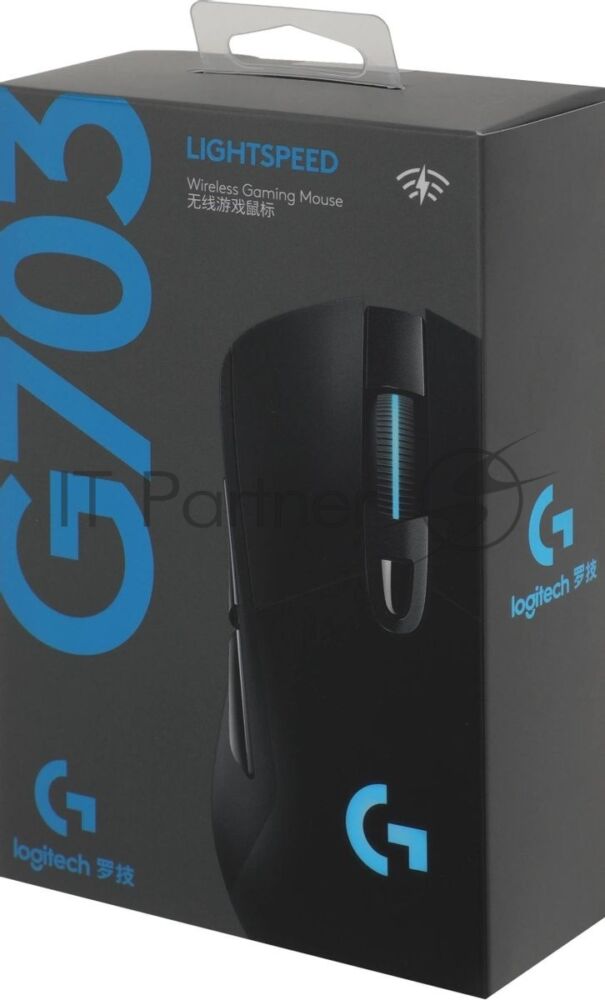 Мышь игровая Logitech G703 Lightspeed черная, сенсор 100-25600dpi (Hero25K), беспроводная 2.4GHz + USB 1,8м, 5 программируемых кнопок + колесо прокрутки, RGB-подсветка, под правую руку 1