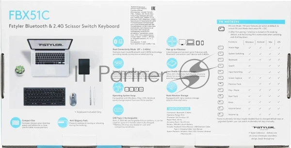 Клавиатура A4Tech Fstyler FBX51C беспроводная, Bluetooth, радиоканал, серый