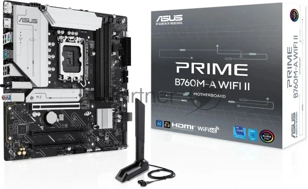 Материнская плата ASUS PRIME B760M-A WIFI II, LGA 1700, Intel B760, 4xDDR5, 4xSATA, 2xM.2, 1xPCIe 5.0 x16, 2xPCIe 4.0 x16, 1xHDMI, 1xDP, 1x2.5Gb LAN, Wi-Fi 6E, Bluetooth 5.4, 2xUSB-A 10Gbps, 4xUSB-A 2.0, 3x3.5 мм, 7.1, mATX