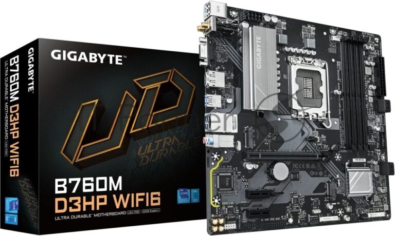 Материнская плата Gigabyte B760M D3HP WIFI6, LGA 1700, Intel B760, 4xDDR5, 4xSATA, 2xM.2, 1xPCIe 4.0 x16, 1xPCIe 4.0 x4, 1xHDMI, 1xDP, 1x2.5Gb LAN, Wi-Fi 6, Bluetooth 5.3, 1xUSB-C 10Gbps, 1xUSB-A 10Gbps, 4xUSB-A 5Gbps, 2xUSB-A 2.0, 1xPS/2, 3x3.5 мм, 7.1, mATX 1