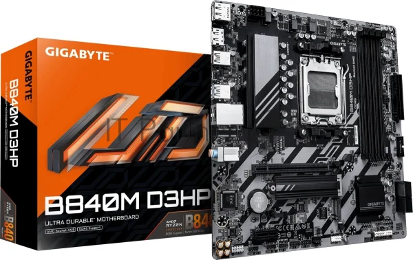 Материнская плата Gigabyte B840M D3HP, AM5, AMD B840, 4xDDR5, 4xSATA, 2xM.2, 1xPCIe 4.0 x16, 1xPCIe x1, 1xHDMI, 2xDP, 1x1Gb LAN, 1xUSB-C 5Gbps, 1xUSB-A 5Gbps, 1xUSB-A 10Gbps, 3xUSB-A 2.0, 3x3.5 мм, 7.1, mATX