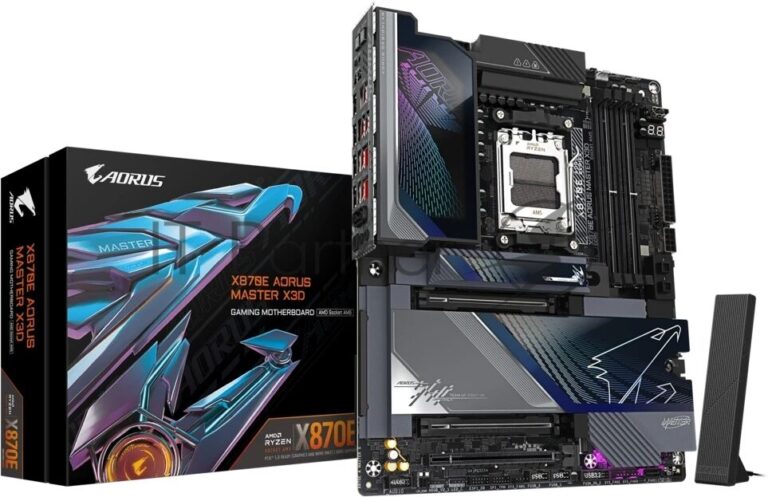 Материнская плата Gigabyte X870E AORUS MASTER X, AM5, AMD X870E, 4xDDR5 (до 9000 МГц, до 256 ГБ), 2xSATA, 5xM.2 (2xPCIe 5.0, 2xPCIe 4.0 x4, 1xPCIe 4.0 x2), 2xPCIe 5.0 x16, 1xPCIe 4.0 x16, 1xHDMI, 1x10Gb LAN + 1x5Gb LAN, Wi-Fi 7, Bluetooth 5.4, 2xUSB-C 40Gbps (USB4), 1xUSB-C 20Gbps, 1xUSB-C 10Gbps, 7xUSB-A 10Gbps, 3x3.5 мм + S/PDIF оптический, 7.1, с подсветкой, чёрный, ATX 1