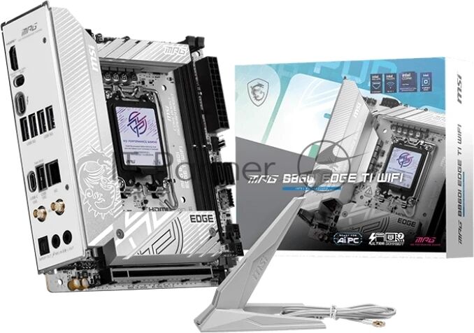 Материнская плата MSI MPG B860I EDGE TI WIFI, LGA 1851, Intel B860, 2xDDR5 (до 128 ГБ), 2xSATA, 2xM.2 (1xPCIe 5.0, 1xPCIe 4.0/SATA), 1xPCIe 5.0 x16, 1xHDMI, 1x5Gb LAN, Wi-Fi 7, Bluetooth 5.4, 1xUSB-C 40Gbps (Thunderbolt 4), 1xUSB-C 10Gbps, 1xUSB-A 10Gbps, 4xUSB-A 5Gbps, 2xUSB-A 2.0, 3x3.5 мм + S/PDIF оптический, 7.1, белый/серебристый, Mini-ITX 1 Материнская плата MSI MPG B860I EDGE TI WIFI, LGA 1851, Intel B860, 2xDDR5 (до 128 ГБ), 2xSATA, 2xM.2 (1xPCIe 5.0, 1xPCIe 4.0/SATA), 1xPCIe 5.0 x16, 1xHDMI, 1x5Gb LAN, Wi-Fi 7, Bluetooth 5.4, 1xUSB-C 40Gbps (Thunderbolt 4), 1xUSB-C 10Gbps, 1xUSB-A 10Gbps, 4xUSB-A 5Gbps, 2xUSB-A 2.0, 3x3.5 мм + S/PDIF оптический, 7.1, белый/серебристый, Mini-ITX 1
