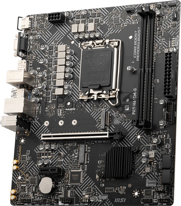 Материнская плата MSI PRO H610M-G OEM LGA 1700, Intel H610, 2xDDR5, 4xSATA, 1xM.2 (PCIe 3.0 x4), 1xPCIe 4.0 x16, 2xPCIe x1, 1xVGA, 1xHDMI, 1xDP, 1x1Gb LAN, 4xUSB-A 5Gbps, 2xUSB-A 2.0, 1xPS/2, 3x3.5 мм, 7.1, чёрный, mATX