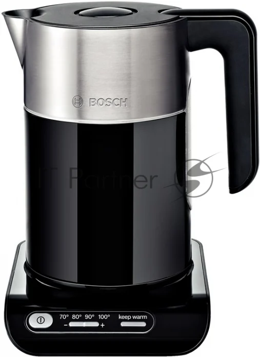 Электрочайник Bosch TWK8613 черный/серебристый, 1.5 л, 2400 Вт, скрытый нагревательный элемент, поддержание температуры 1