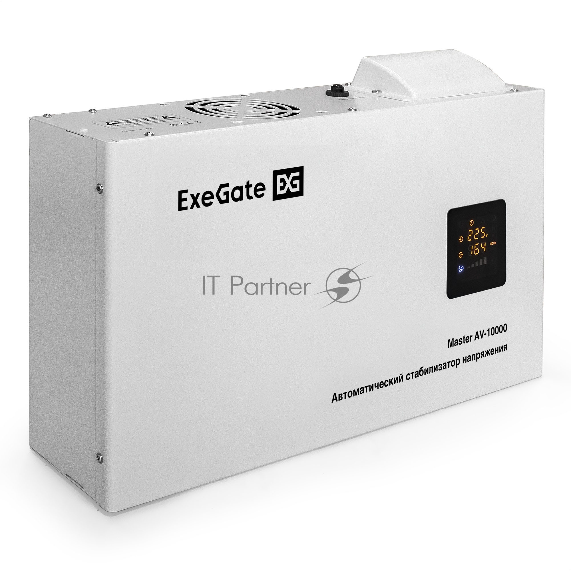 Стабилизатор напряжения ExeGate Master AV-10000 (10000ВА, 140-260В, цветной дисплей, 220В±8%, КПД 98%, 5 уровней защиты, задержка, усиленный метал.корпус, клем.колодка+евророзетка, RTL)