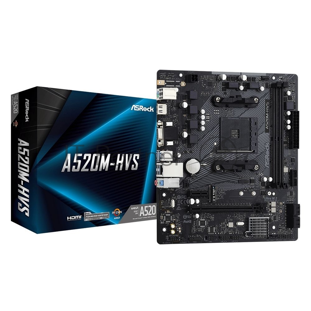 Материнская плата ASRock A520M-HVS, AM4, AMD A520, 2xDDR4, 4xSATA, 1xM.2, 1xPCIe 3.0 x16, 1xPCIe 3.0 x1, 1xHDMI, 1xVGA, 1x 1Gb LAN, 3x3.5 мм, 7.1, mATX 1