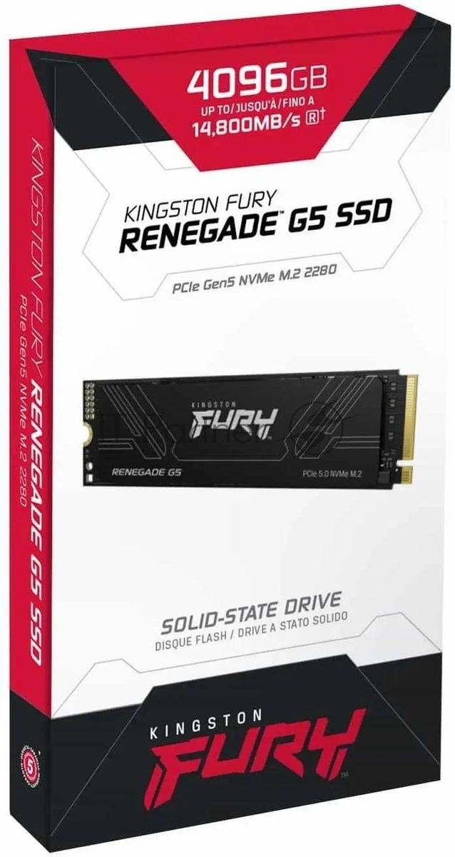 Накопитель SSD Kingston Fury Renegade, 4096Gb, M.2(22x80мм), NVMe, PCIe 5.0 x4, 3D TLC, R/W 14800/14000MB/s, IOPs 2 200 000/2 200 000, TbW 4000, DWPD 0.5 (12 мес) 1 Накопитель SSD Kingston Fury Renegade, 4096Gb, M.2(22x80мм), NVMe, PCIe 5.0 x4, 3D TLC, R/W 14800/14000MB/s, IOPs 2 200 000/2 200 000, TbW 4000, DWPD 0.5 (12 мес) 1